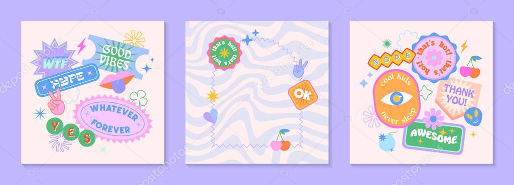 Vector set of cute funny templates with patches and stickers in 90s style.Modern symbols in y2k aesthetic with text.Trendy kidcore designs for banners,social media marketing,branding,packaging,covers