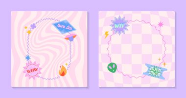 90 'ların tarzında sevimli komik şablonlar, yamalar, çıkartmalar içeren vektör seti. Y2k estetiğindeki modern semboller. Pankartlar, sosyal medya pazarlaması, markalaşma, amalar, kaplamalar için moda tasarımları.