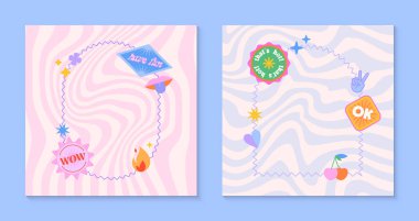 90 'ların tarzında sevimli komik şablonlar, yamalar, çıkartmalar içeren vektör seti. Y2k estetiğindeki modern semboller. Pankartlar, sosyal medya pazarlaması, markalaşma, amalar, kaplamalar için moda tasarımları.