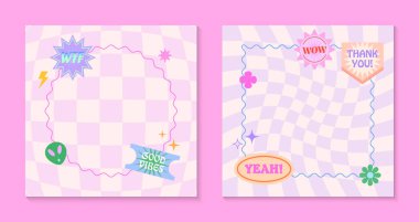 90 'ların tarzında sevimli komik şablonlar, yamalar, çıkartmalar içeren vektör seti. Y2k estetiğindeki modern semboller. Pankartlar, sosyal medya pazarlaması, markalaşma, amalar, kaplamalar için moda tasarımları.