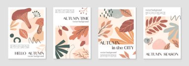 Metinler için çeşitli organik şekiller, yapraklar, meşe palamutları, mantarlar ve fotokopi alanı içeren sonbahar yaratıcı posterleri. Modern mevsimsel tasarımlar. Evrensel sanatsal afişler. Moda sonbahar vektör çizimleri..