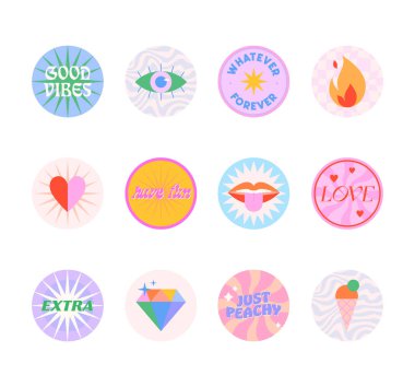 Insta renklendirme kapakları 90 'ların tarzında. Eğlenceli şirin yamalar ve çıkartmalar. Y2k estetik modern IG simgeleri veya simgeleri ile metin. Sosyal medya pazarlaması için modaya uygun tasarımlar..