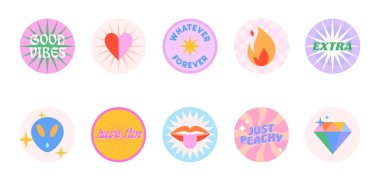 Insta renklendirme kapakları 90 'ların tarzında. Eğlenceli şirin yamalar ve çıkartmalar. Y2k estetik modern IG simgeleri veya simgeleri ile metin. Sosyal medya pazarlaması için modaya uygun tasarımlar..