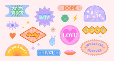 Vector set of cute funny patches and stickers in 90s style.Modern icons or symbols in y2k aesthetic with text.Trendy kidcore designs for banners,social media marketing,branding,packaging,covers