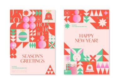 Noel ve Yeni Yıl Kutlama Şablonları. Bauhaus stilinde şenlikli vektör geçmişleri. Geleneksel kış bayramı sembolleri. Xmas markalaşma, davetiyeler, baskılar, sosyal medya tasarımları.