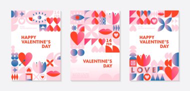 Sevgililer Günü kutlamaları şablonları. Geometrik elemanlar ve sembollerle Bauhaus tarzında romantik vektör düzenleri. Sancaklar, davetiyeler, baskılar, tanıtım teklifleri için modern moda tasarımları..
