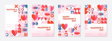 Sevgililer Günü kutlamaları şablonları. Geometrik elemanlar ve sembollerle Bauhaus tarzında romantik vektör düzenleri. Sancaklar, davetiyeler, baskılar, tanıtım teklifleri için modern moda tasarımları..