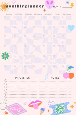 Vector monthly planner template with y2k patches,icons and emblems.Organizer and schedule with place for goals,to do list,priorities,notes.Trendy layout in 90s groovy aesthetic.Abstract modern design.