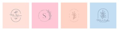 Vektör kadınsı çiçek amblemleri. Doğrusal dalları ve çerçeveleri olan zarif logo tasarımları. Moda minimalist tarzda modern botanik rozetler..