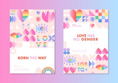 Gurur ay posterleri şablonları. LGBTQ + geometrik elemanlar ve gökkuşağı lgbt sembolleriyle Bauhaus tarzı toplum vektör çizimleri. İnsan hakları hareketi konsepti. Gay geçit töreni. Renkli kapak tasarımları..
