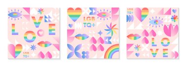 Gurur ay şablonu. LGBTQ + geometrik elementler ve gökkuşağı lgbt sembolleriyle Bauhaus tarzı toplum vektör çizimleri. İnsan hakları hareketi kavramı. Gay geçit töreni. Renkli kapak tasarımları..