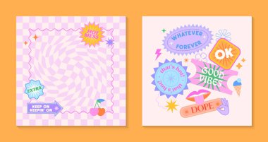 90 'ların tarzında yama ve çıkartma içeren vektör şablonları. Satranç arkaplanlı y2k estetik modern amblemler. Pankartlar, sosyal medya pazarlaması, ambalajlama, kapsama alanı