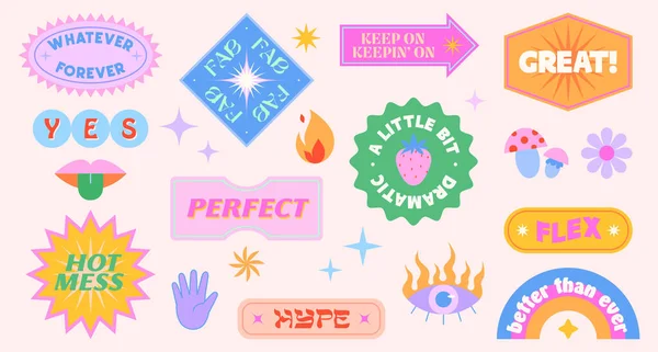 Vector set of cute funny patches and stickers in 90s style.Modern icons or symbols in y2k aesthetic with text.Trendy kidcore designs for banners,social media marketing,branding,packaging,covers