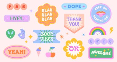 Vector set of cute funny patches and stickers in 90s style.Modern icons or symbols in y2k aesthetic with text.Trendy kidcore designs for banners,social media marketing,branding,packaging,covers