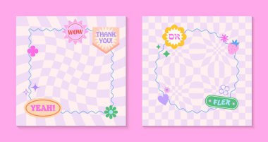 90 'ların tarzında yama ve çıkartma içeren vektör şablonları. Satranç arkaplanlı y2k estetik modern amblemler. Pankartlar, sosyal medya pazarlaması, ambalajlama, kapsama alanı