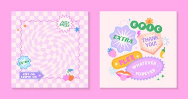 90 'ların tarzında yama ve çıkartma içeren vektör şablonları. Satranç arkaplanlı y2k estetik modern amblemler. Pankartlar, sosyal medya pazarlaması, ambalajlama, kapsama alanı