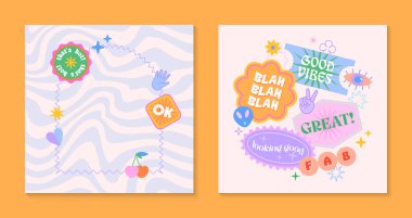 90 'ların tarzında yama ve çıkartma içeren vektör şablonları. 2000' lerin modern amblemleri dalgalı arkaplanlı. Pankartlar, sosyal medya pazarlaması, ambalajlama, kapak tasarımları.