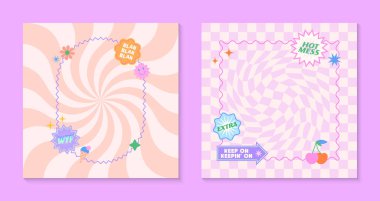 90 'ların tarzında yama ve çıkartma içeren vektör şablonları. Satranç ve dalgalı arkaplanlı y2k estetik modern amblemler. Afişler, sosyal medya pazarlaması, ambalajlama, kaplamalar için acayip tasarımlar.