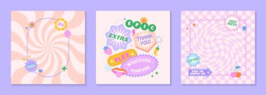 90 'ların tarzında yama ve çıkartma içeren vektör şablonları. Y2k estetik satranç ve spiral arkaplanlarda modern amblemler. Pankartlar, sosyal medya pazarlaması, ambalajlama, kaplamalar için modası geçmiş tasarımlar.