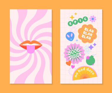 90 'ların stili yama ve çıkartma içeren vektör insta hikaye şablonları. Y2k estetik ve spiral arkaplan pankartları. Sosyal medya pazarlaması, markalaşma, amalar için acayip tasarımlar.