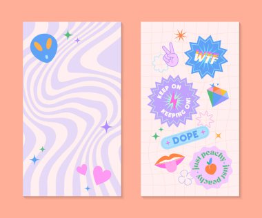 90 'ların tarzında yama ve çıkartma içeren vektör insta hikaye şablonları. Y2k estetik ve dalgalı arkaplan pankartları. Sosyal medya pazarlama, markalaşma ve paketleme için psikedelik funk tasarımlar