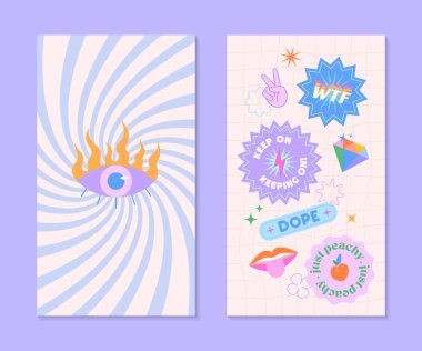 90 'ların stili yama ve çıkartma içeren vektör insta hikaye şablonları. Y2k estetik ve spiral arkaplan pankartları. Sosyal medya pazarlaması, markalaşma, amalar için acayip tasarımlar.