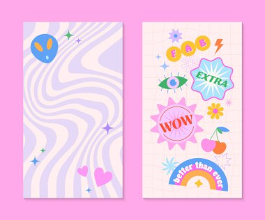 90 'ların tarzında yama ve çıkartma içeren vektör insta hikaye şablonları. Y2k estetik ve dalgalı arkaplan pankartları. Sosyal medya pazarlama, markalaşma ve paketleme için psikedelik funk tasarımlar