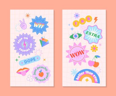 90 'ların stili yama ve çıkartma içeren vektör insta hikaye şablonları. Y2k estetik ve satranç arkaplan pankartları. Sosyal medya pazarlama, markalaşma ve paketleme için acayip tasarımlar.