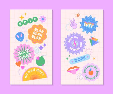 90 'ların stili yama ve çıkartma içeren vektör insta hikaye şablonları. Y2k estetik ve satranç arkaplan pankartları. Sosyal medya pazarlama, markalaşma ve paketleme için acayip tasarımlar.