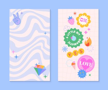 90 'ların tarzında yama ve çıkartma içeren vektör insta hikaye şablonları. Y2k estetik ve dalgalı arkaplan pankartları. Sosyal medya pazarlama, markalaşma ve paketleme için psikedelik funk tasarımlar