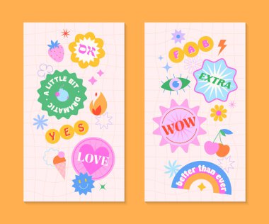 90 'ların stili yama ve çıkartma içeren vektör insta hikaye şablonları. Y2k estetik ve satranç arkaplan pankartları. Sosyal medya pazarlama, markalaşma ve paketleme için acayip tasarımlar.