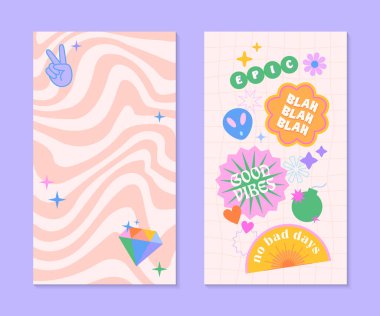 90 'ların tarzında yama ve çıkartma içeren vektör insta hikaye şablonları. Y2k estetik ve dalgalı arkaplan pankartları. Sosyal medya pazarlama, markalaşma ve paketleme için psikedelik funk tasarımlar