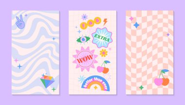 90 'ların tarzında yama ve çıkartma içeren vektör insta hikaye şablonları. Y2k estetik, satranç ve dalgalı arkaplan pankartları. Sosyal medya pazarlama, markalaşma ve paketleme için modaya uygun tasarımlar.