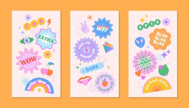 90 'ların stili yama ve çıkartma içeren vektör insta hikaye şablonları. Y2k estetik ve satranç arkaplan pankartları. Sosyal medya pazarlama, markalaşma ve paketleme için acayip tasarımlar.