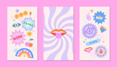 90 'ların stili yama ve çıkartma içeren vektör insta hikaye şablonları. Y2k estetik ve spiral arkaplan pankartları. Sosyal medya pazarlaması, markalaşma, amalar için acayip tasarımlar.