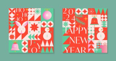 Noel ve Mutlu Yıllar tebrik kartı şablonları. Geleneksel kış bayramı sembolleri ile düz modern bir şenlik ortamı. Markalaşma, davetiyeler, baskılar, smm için Xmas desenleri.
