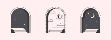 Portallar, adımlar, gece, yıldızlar, güneş, hilal desenli vektör mistik logo tasarımı şablonları. Modayı asgari ana hatlarda gerçeküstü çizimler. Büyülü amblemler. Marka tasarımı şablonları..