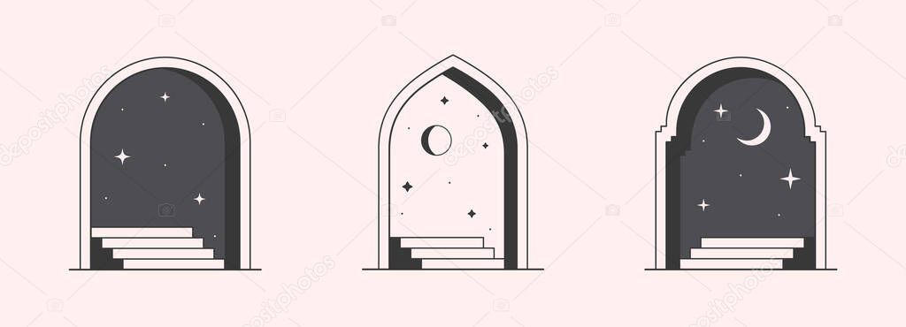 Vector mystic logo design templates with portals,steps,night,stars,crescent moon.Surreal abstract illustrations with moroccan arch.Magical emblem in oriental style.Branding design templates.