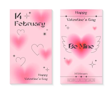 Valentines Day greeting banner templates in 90s style.Romantic vector illustrations in y2k aesthetic with linear shapes,blurred hearts,sparkles.Modern designs for smm,invitations,prints,promo offers. clipart