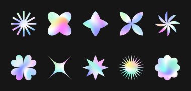 90 'ların tarzında bir dizi holografik çıkartma. Y2k estetiğindeki modern yanardöner folyo simgeleri veya semboller. Sancaklar, sosyal medya pazarlaması, markalaşma, paketleme için modaya uygun kozmik amblemler