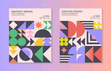 Metin için kopya alanı olan soyut bauhaus geometrik desen arkaplanları. Basit şekilli ve elementli modaya uygun minimalist geometrik tasarımlar. Modern sanatsal vektör çizimleri.