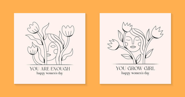 Girly vector illustrations with woman faces.Stylish prints for t shirts,posters,cards with flowers.Linear black and white concepts.Feminism quote and woman motivational slogans.Women's day greetings
