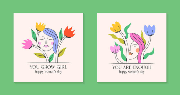Girly vector illustrations with calm woman faces;stylish print for t shirts;posters;cards and banners with flowers.Feminism quote and woman motivational slogans.Women's day concepts.