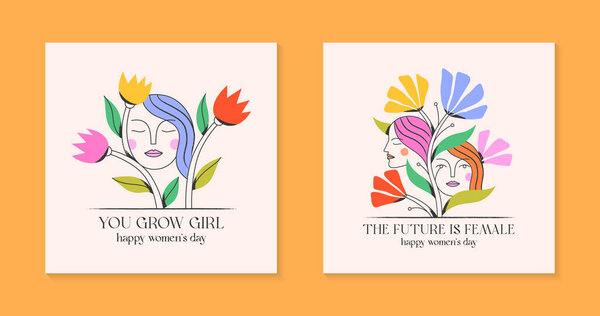 Girly vector illustrations with calm woman faces;stylish print for t shirts;posters;cards and banners with flowers.Feminism quote and woman motivational slogans.Women's day concepts.