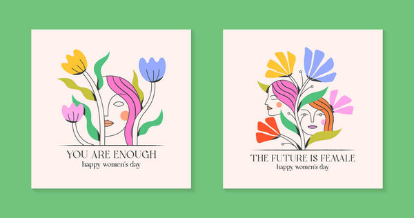 Girly vector illustrations with calm woman faces;stylish print for t shirts;posters;cards and banners with flowers.Feminism quote and woman motivational slogans.Women's day concepts.