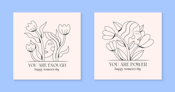 Girly vector illustrations with woman faces.Stylish prints for t shirts,posters,cards with flowers.Linear black and white concepts.Feminism quote and woman motivational slogans.Women's day greetings