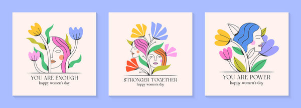 Girly vector illustrations with calm woman faces;stylish print for t shirts;posters;cards and banners with flowers.Feminism quote and woman motivational slogans.Women's day concepts.