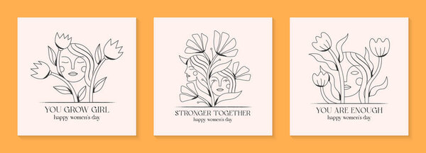Girly vector illustrations with woman faces.Stylish prints for t shirts,posters,cards with flowers.Linear black and white concepts.Feminism quote and woman motivational slogans.Women's day greetings
