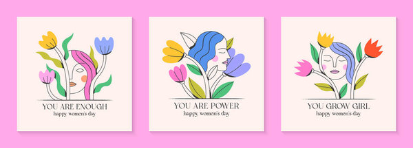 Girly vector illustrations with calm woman faces;stylish print for t shirts;posters;cards and banners with flowers.Feminism quote and woman motivational slogans.Women's day concepts.