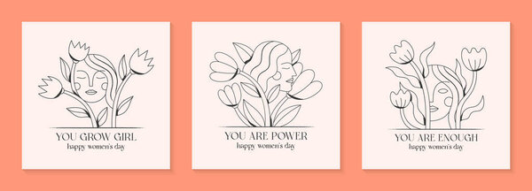 Girly vector illustrations with woman faces.Stylish prints for t shirts,posters,cards with flowers.Linear black and white concepts.Feminism quote and woman motivational slogans.Women's day greetings